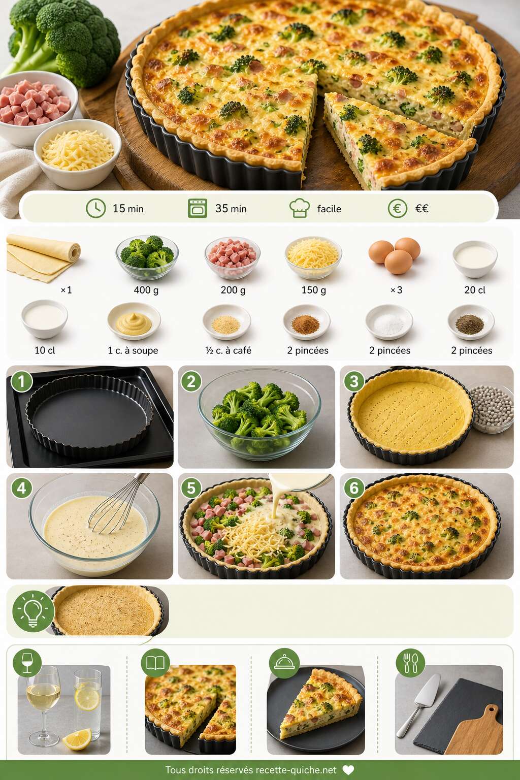 Fiche recette Tarte salée brocolis, jambon et fromage : recette facile et gourmande Fiche recette Tarte salée brocolis, jambon et fromage : recette facile et gourmande