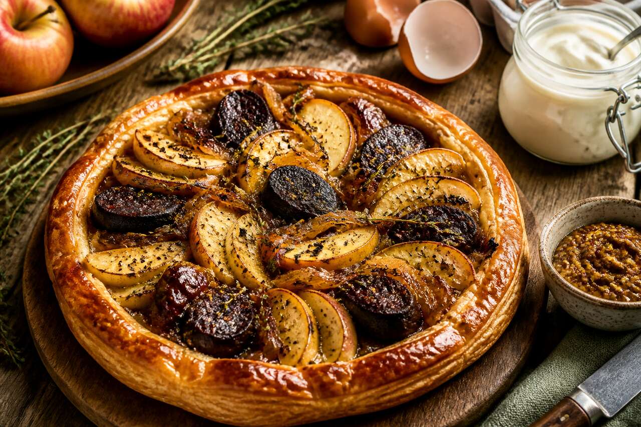 Tarte aux pommes, boudin noir et oignons confits : recette gourmande