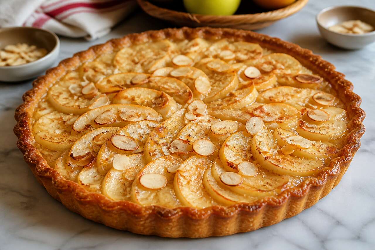 Recette : tarte normande aux pommes, fromage blanc et amandes