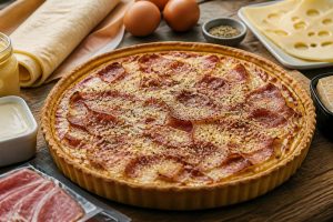 Recette de tarte à la moutarde, fromage et jambon cru