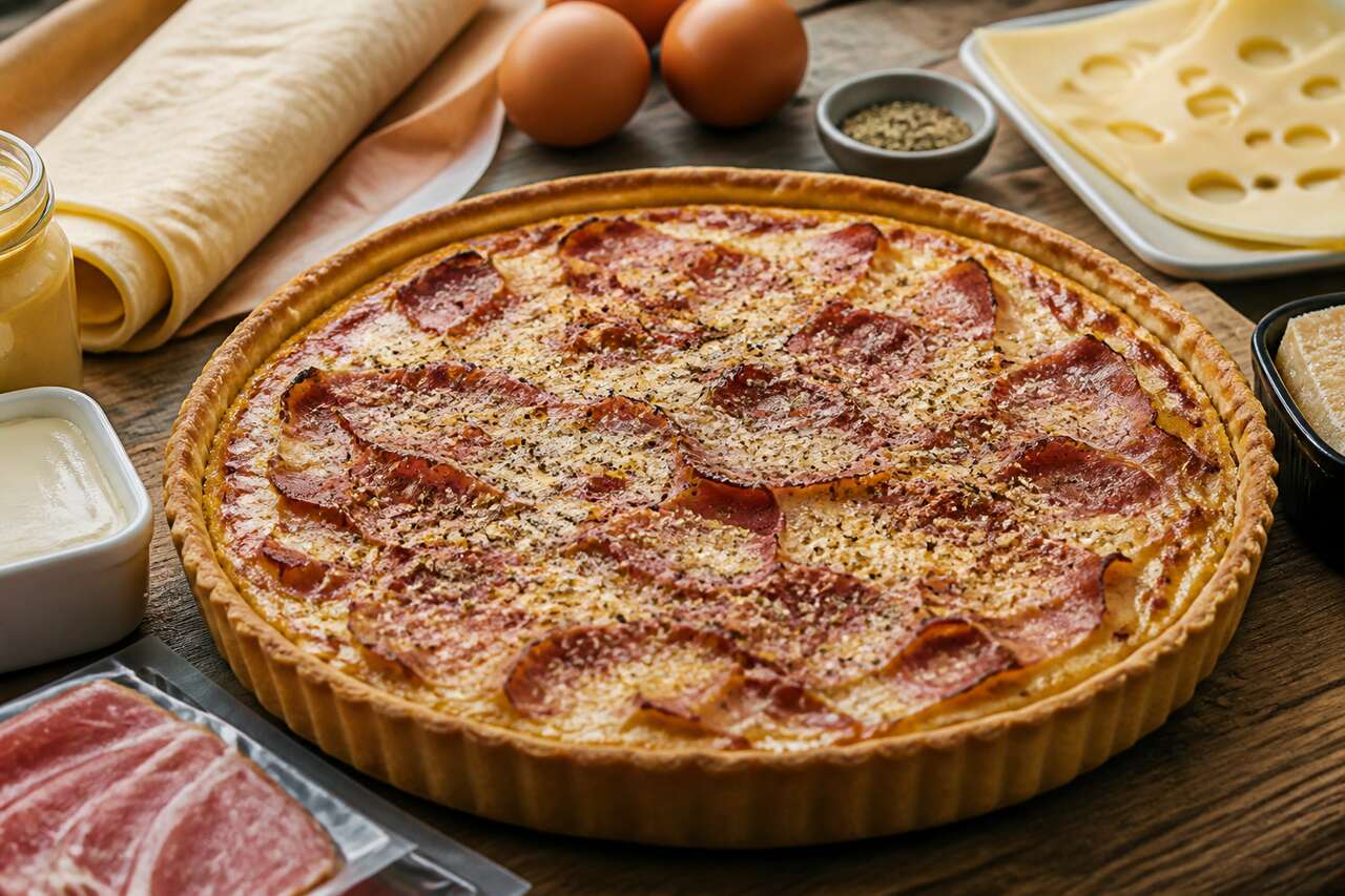 Recette de tarte à la moutarde, fromage et jambon cru