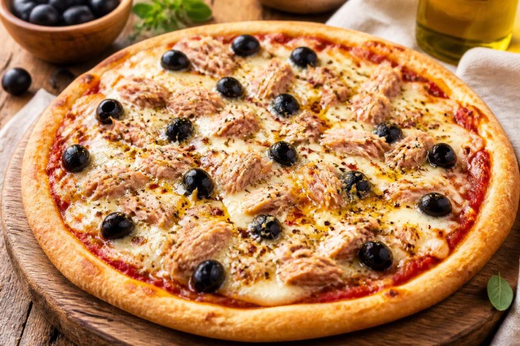 Tarte au thon et olives noires façon pizza : recette savoureuse