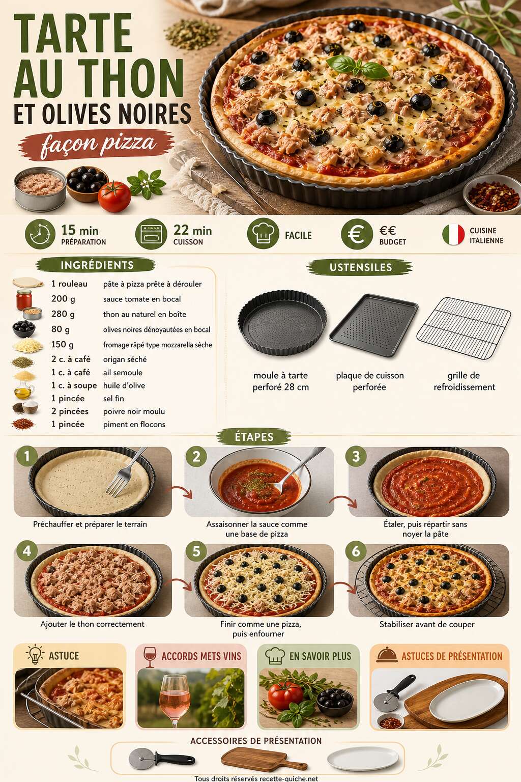 Fiche recette Tarte au thon et olives noires fa&ccedil;on pizza : recette savoureuse