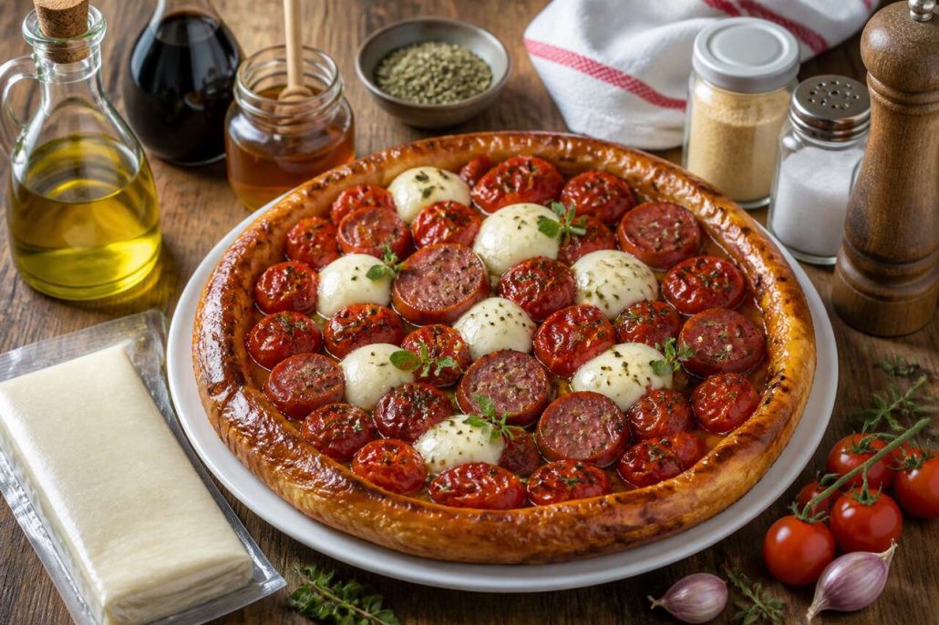 Tarte tatin aux tomates, saucisse et mozzarella