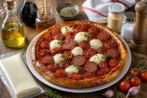 Tarte tatin aux tomates, saucisse et mozzarella