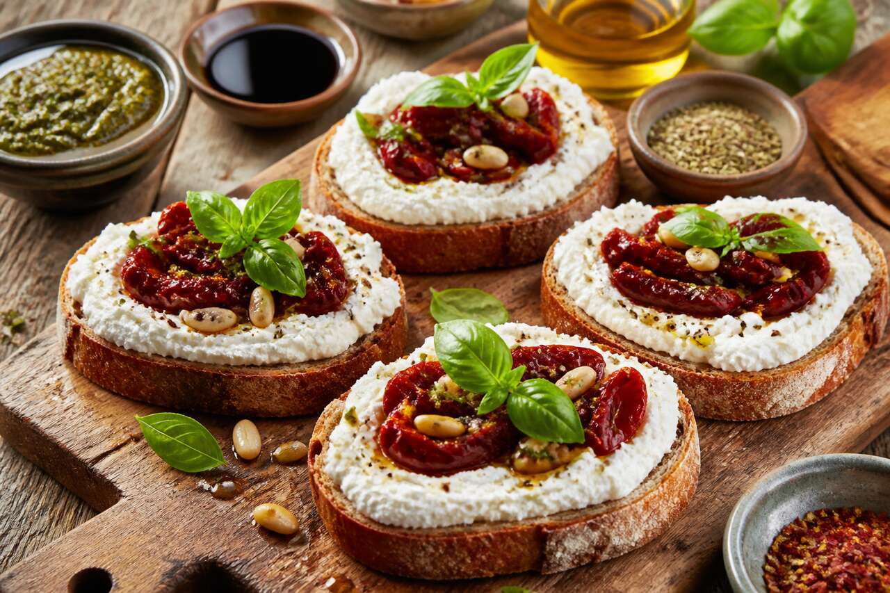 Bruschetta aux tomates séchées et ricotta : recette facile et savoureuse