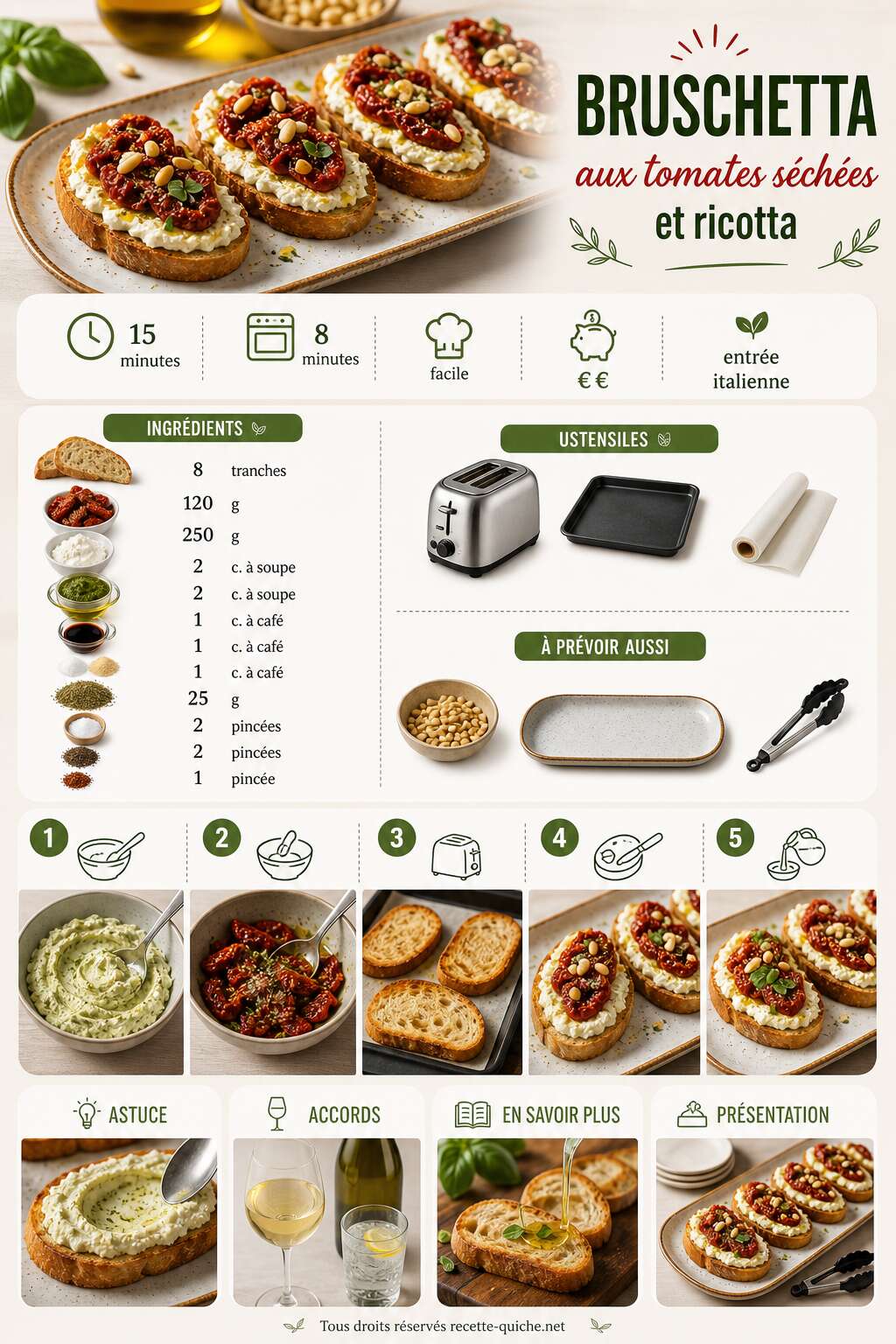Fiche recette Bruschetta aux tomates séchées et ricotta : recette facile et savoureuse Fiche recette Bruschetta aux tomates séchées et ricotta : recette facile et savoureuse