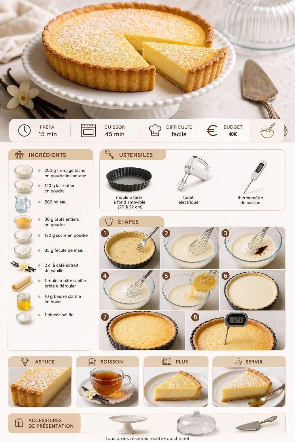 Fiche recette Tarte au fromage blanc façon pudding : recette gourmande Fiche recette Tarte au fromage blanc façon pudding : recette gourmande