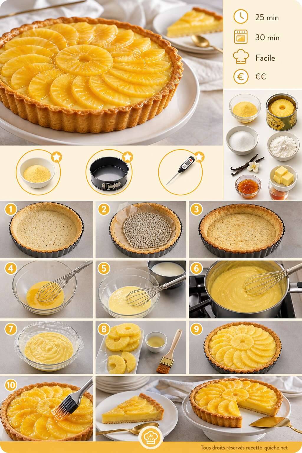 Fiche recette Tarte à l'ananas et crème pâtissière : la recette facile Fiche recette Tarte à l'ananas et crème pâtissière : la recette facile