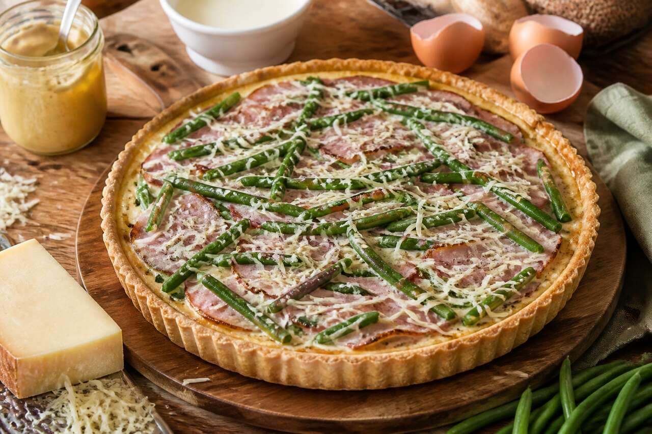 Tarte à la moutarde, haricots verts, jambon et gruyère : une recette savoureuse