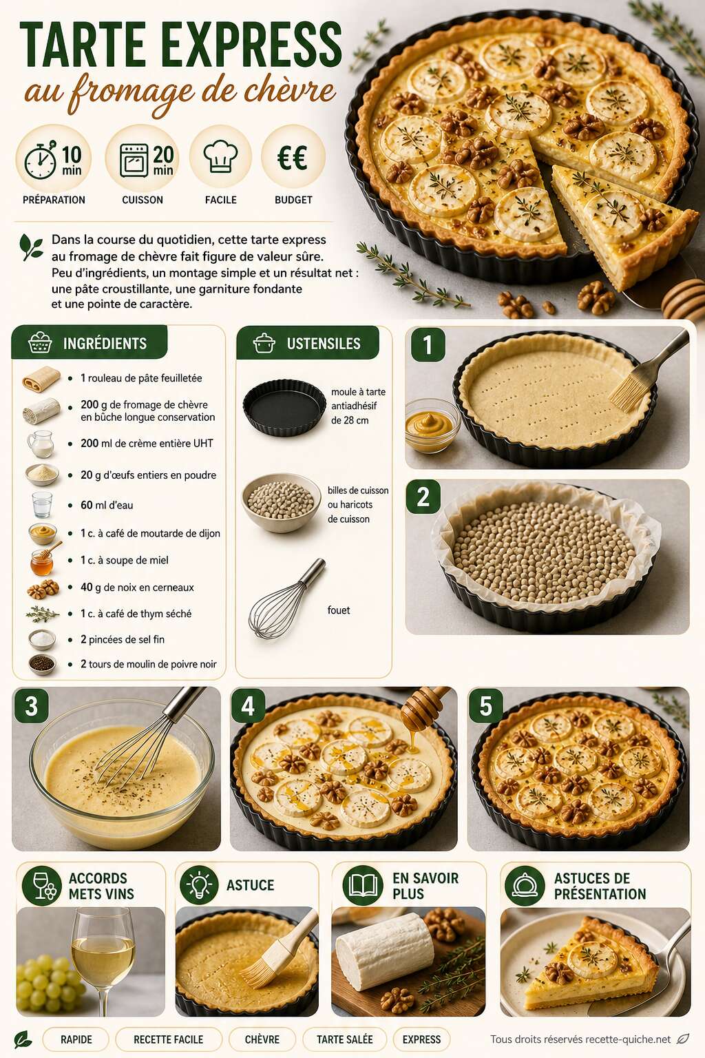 Fiche recette Tarte express au fromage de chèvre : recette facile et rapide Fiche recette Tarte express au fromage de chèvre : recette facile et rapide