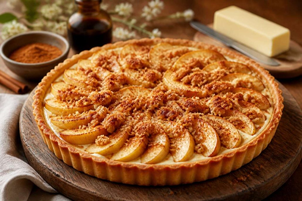 Recette de tarte aux pommes à la crème vanille et crumble à la cannelle