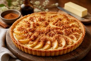 Recette de tarte aux pommes à la crème vanille et crumble à la cannelle