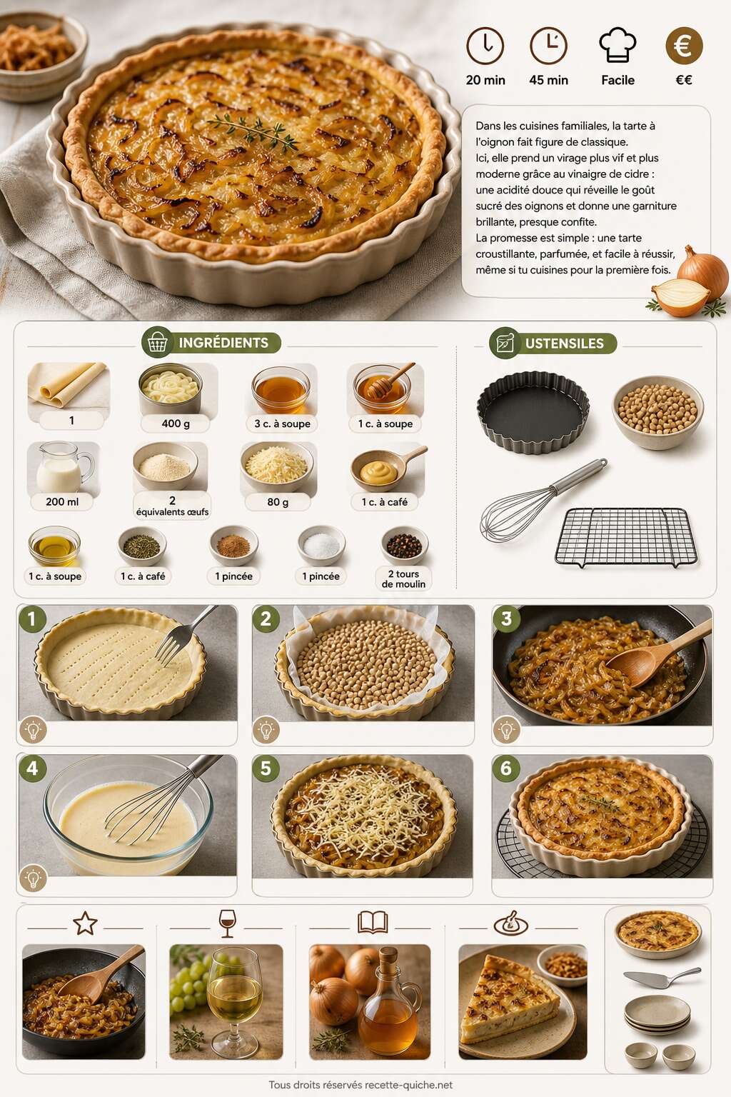 Fiche recette Tarte à l'oignon au vinaigre de cidre : recette savoureuse et originale Fiche recette Tarte à l'oignon au vinaigre de cidre : recette savoureuse et originale
