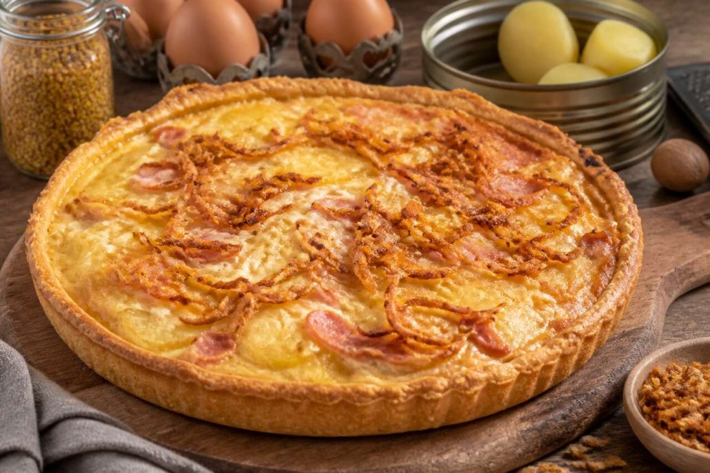 Tarte aux pommes de terre, jambon et fromage : recette savoureuse