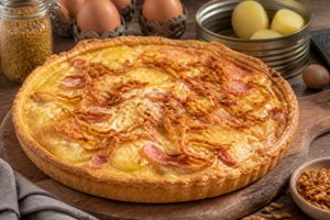 Tarte aux pommes de terre, jambon et fromage : recette savoureuse