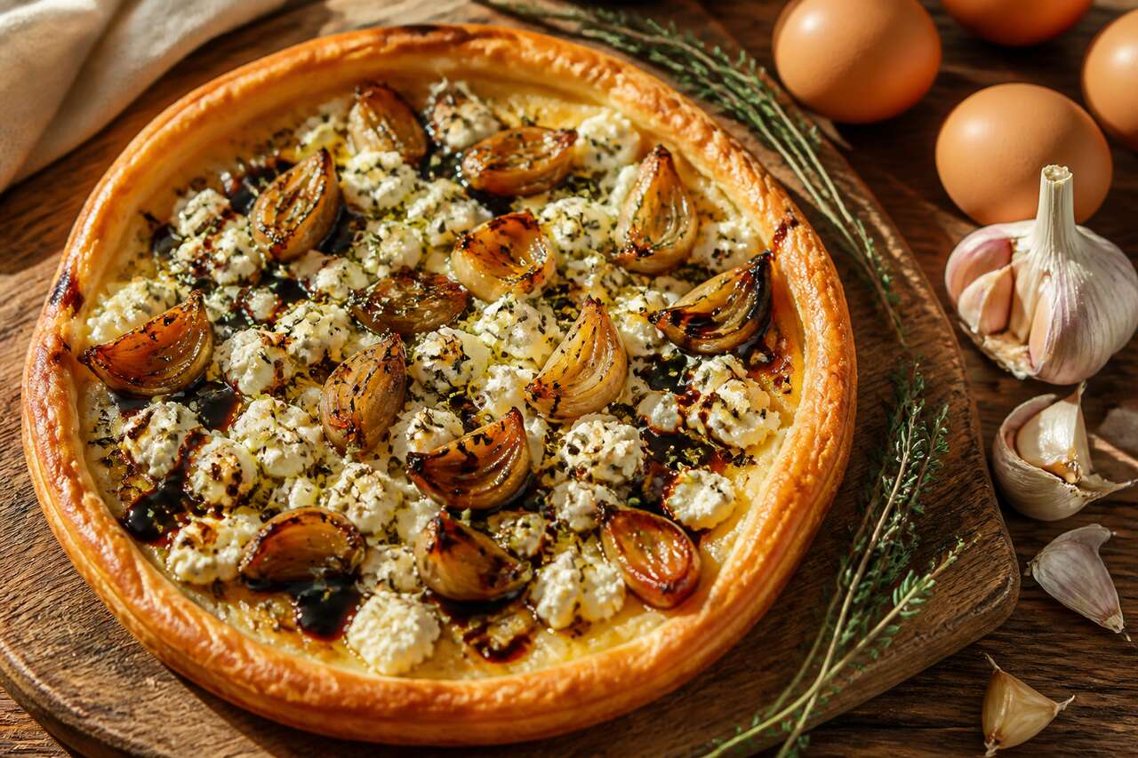 Tarte à l'ail caramélisé et chèvre frais : recette savoureuse