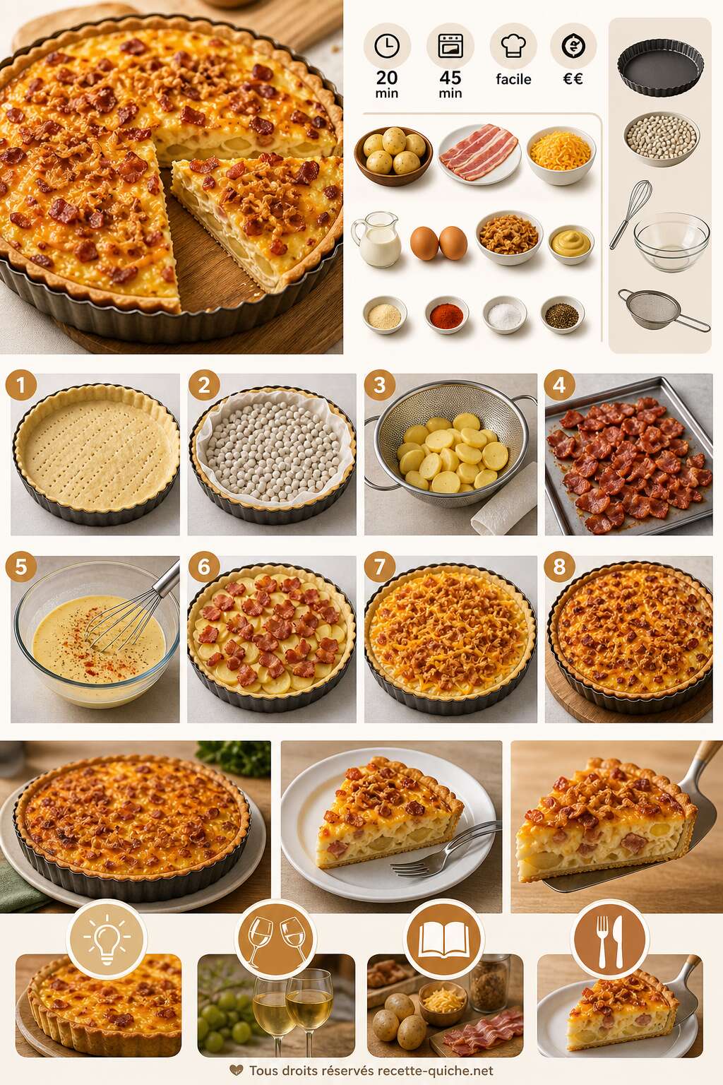 Fiche recette Tarte pommes de terre, bacon et cheddar : recette savoureuse
