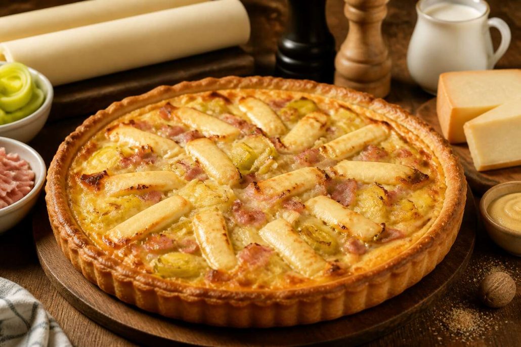 Tarte aux poireaux, maroilles et jambon : recette savoureuse