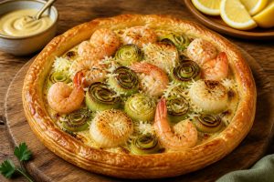 Tarte aux poireaux, saint-Jacques et crevettes : une recette gourmande