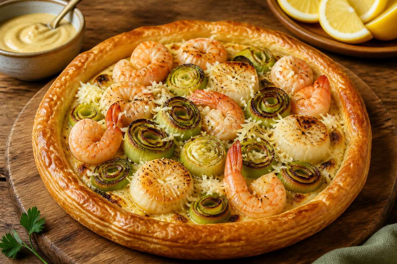 Tarte aux poireaux, saint-Jacques et crevettes : une recette gourmande