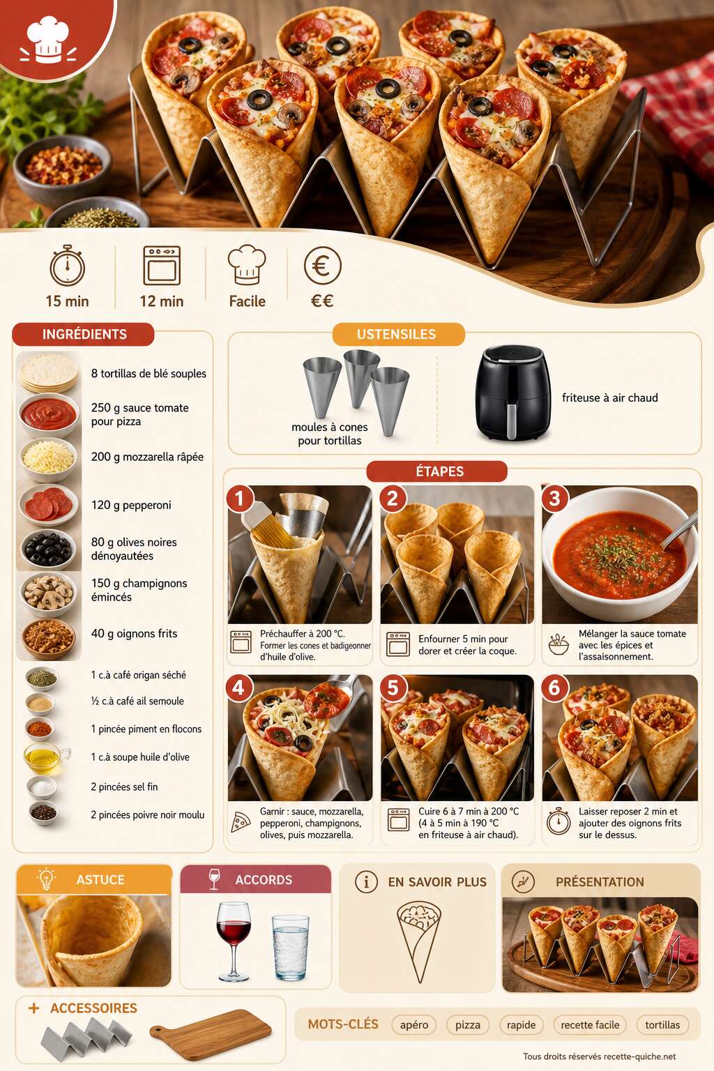 Fiche recette Tortillas cones façon pizza : recette gourmande Fiche recette Tortillas cones façon pizza : recette gourmande