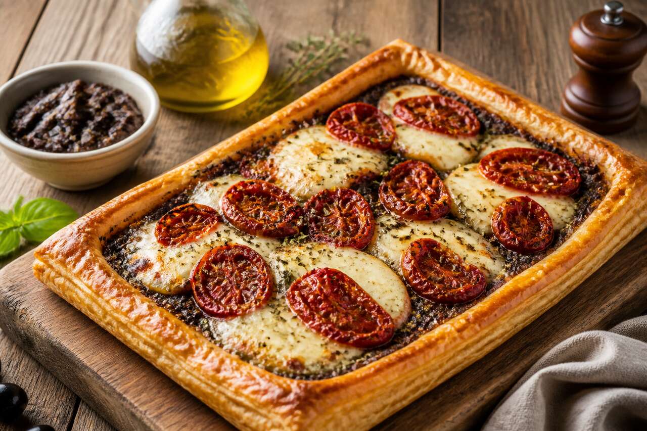 Tarte tomate mozzarella et tapenade : recette savoureuse