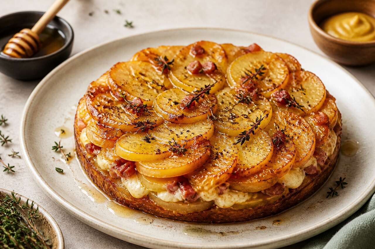 Tarte tatin aux pommes de terre, lard et fromage de chèvre : recette savoureuse