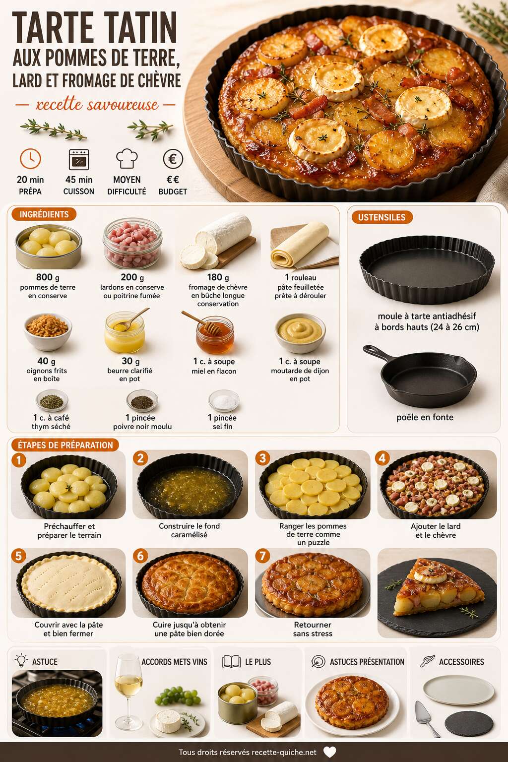 Fiche recette Tarte tatin aux pommes de terre, lard et fromage de chèvre : recette savoureuse Fiche recette Tarte tatin aux pommes de terre, lard et fromage de chèvre : recette savoureuse