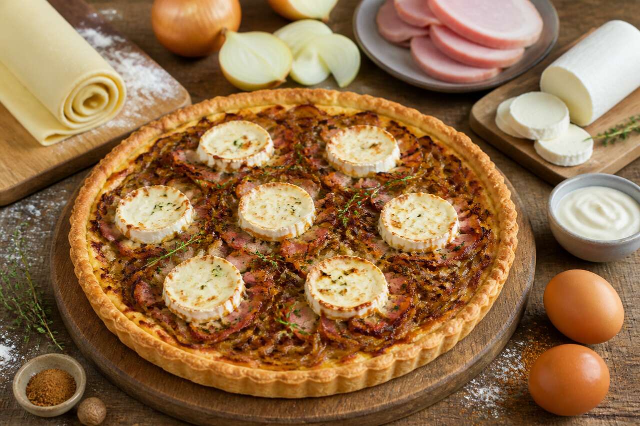 Tarte aux oignons, jambon et fromage de chèvre : recette savoureuse