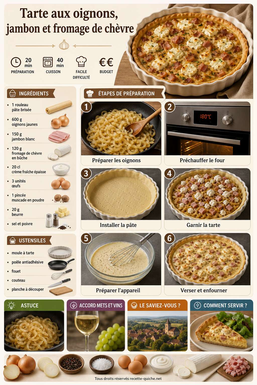 Fiche recette Tarte aux oignons, jambon et fromage de ch&egrave;vre : recette savoureuse
