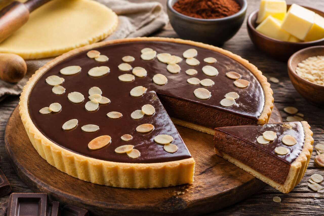Tarte mousseuse au chocolat et amandes effilées : recette délicieuse