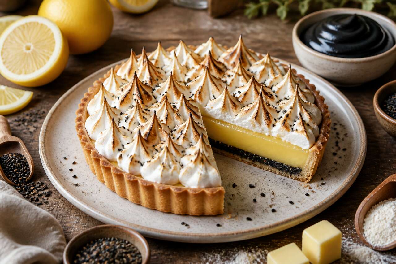 Tarte citron-sésame noir meringuée : recette gourmande