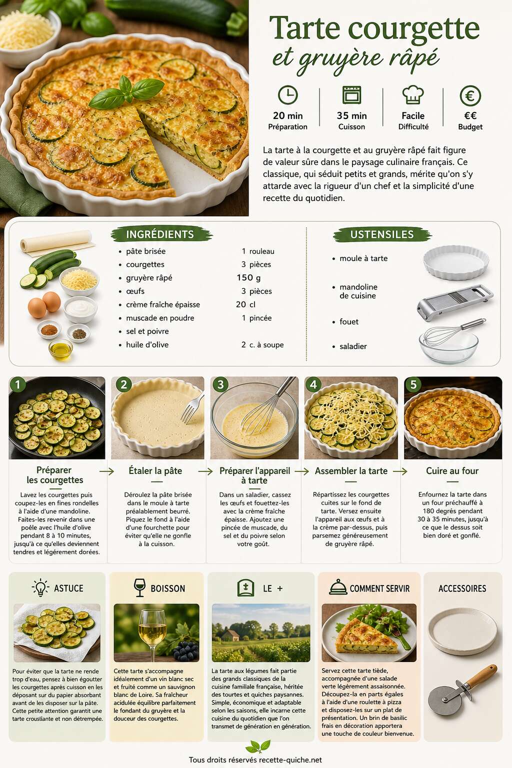 Fiche recette Tarte courgette et gruyère râpé : recette facile Fiche recette Tarte courgette et gruyère râpé : recette facile