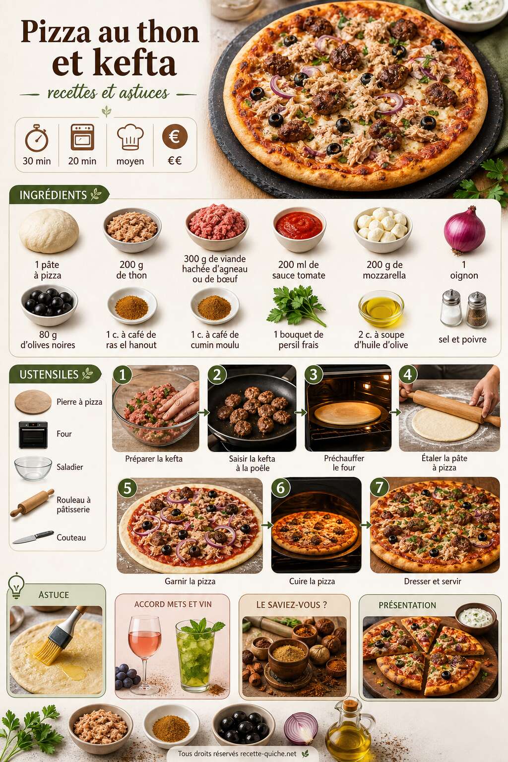 Fiche recette Pizza au thon et kefta : recettes et astuces Fiche recette Pizza au thon et kefta : recettes et astuces