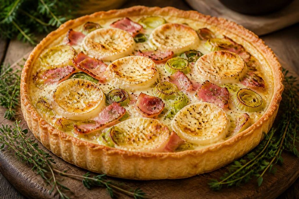 Recette de tarte jambon, poireaux et chèvre