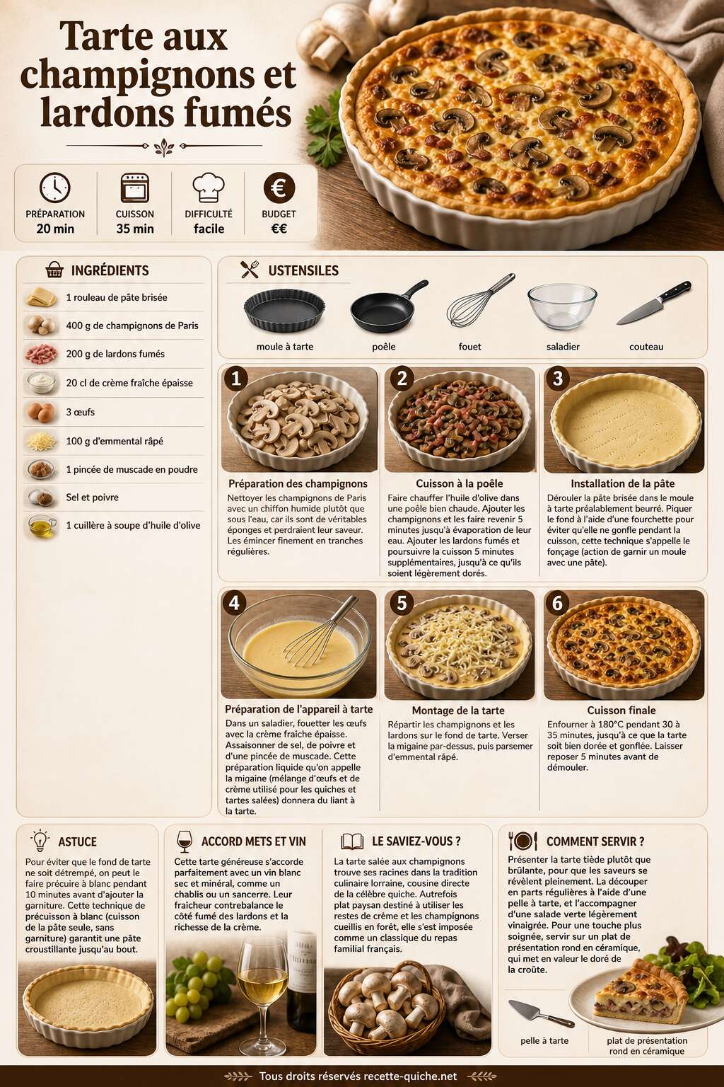 Fiche recette Tarte aux champignons et lardons fumés : recette délicieuse et facile Fiche recette Tarte aux champignons et lardons fumés : recette délicieuse et facile