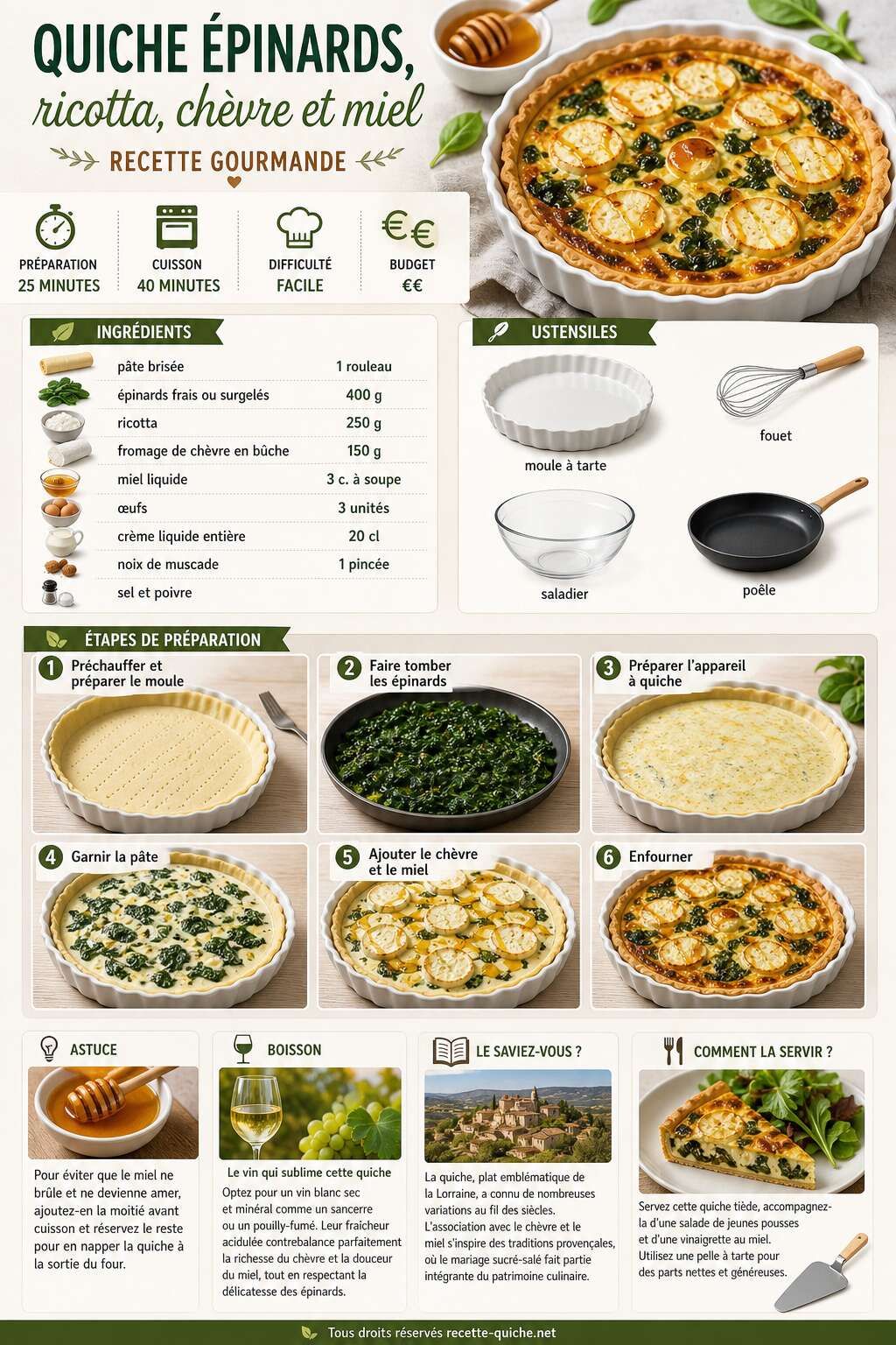 Fiche recette Quiche épinards, ricotta, chèvre et miel : recette gourmande Fiche recette Quiche épinards, ricotta, chèvre et miel : recette gourmande