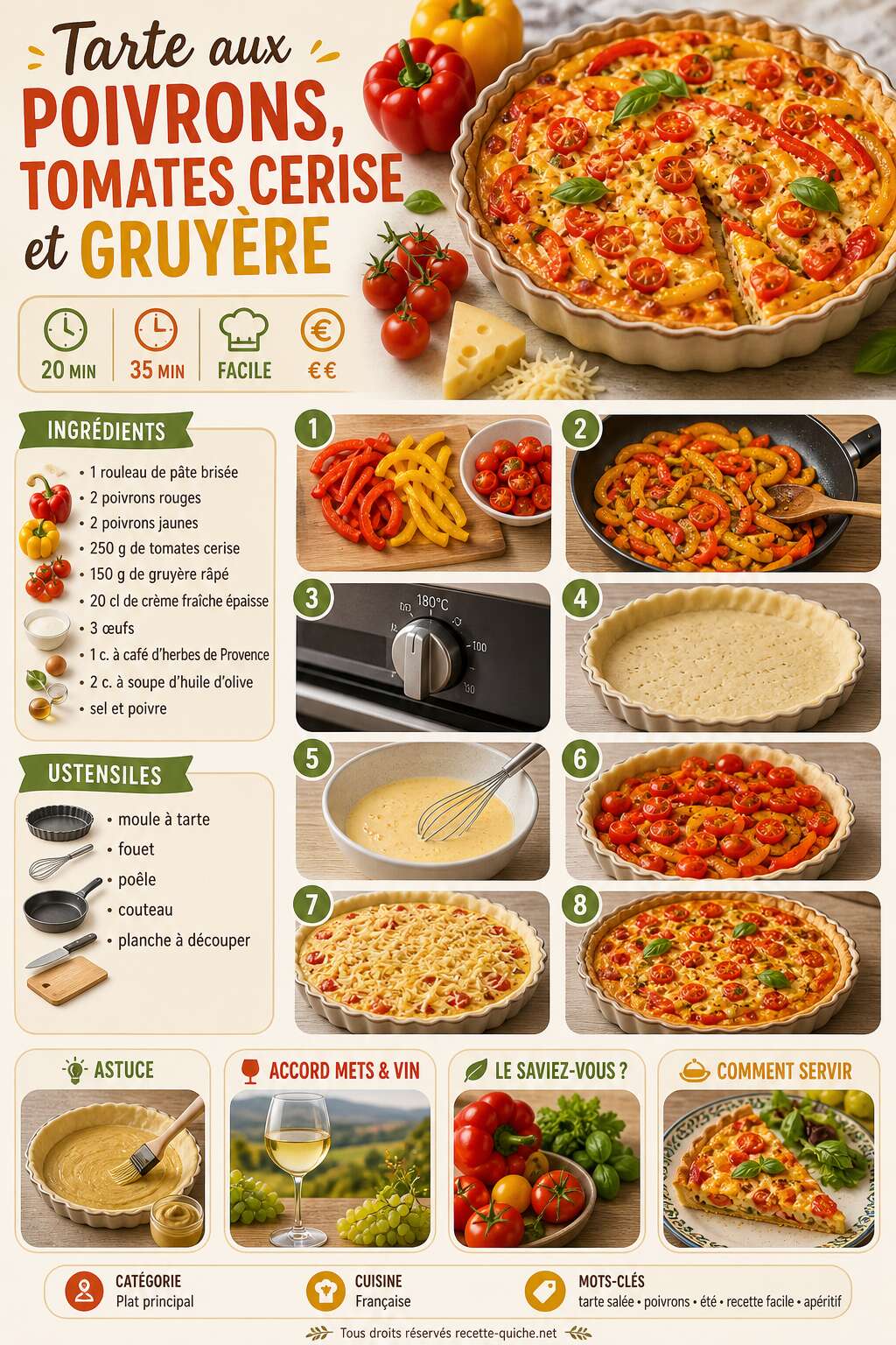 Fiche recette Tarte aux poivrons, tomates cerise et gruy&egrave;re : recette savoureuse