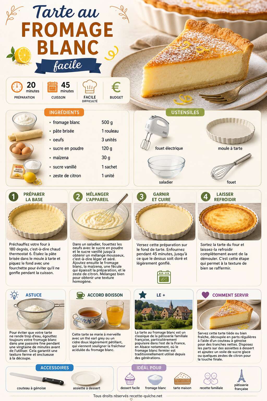 Fiche recette Tarte au fromage blanc facile : découvrez la recette simple et délicieuse Fiche recette Tarte au fromage blanc facile : découvrez la recette simple et délicieuse