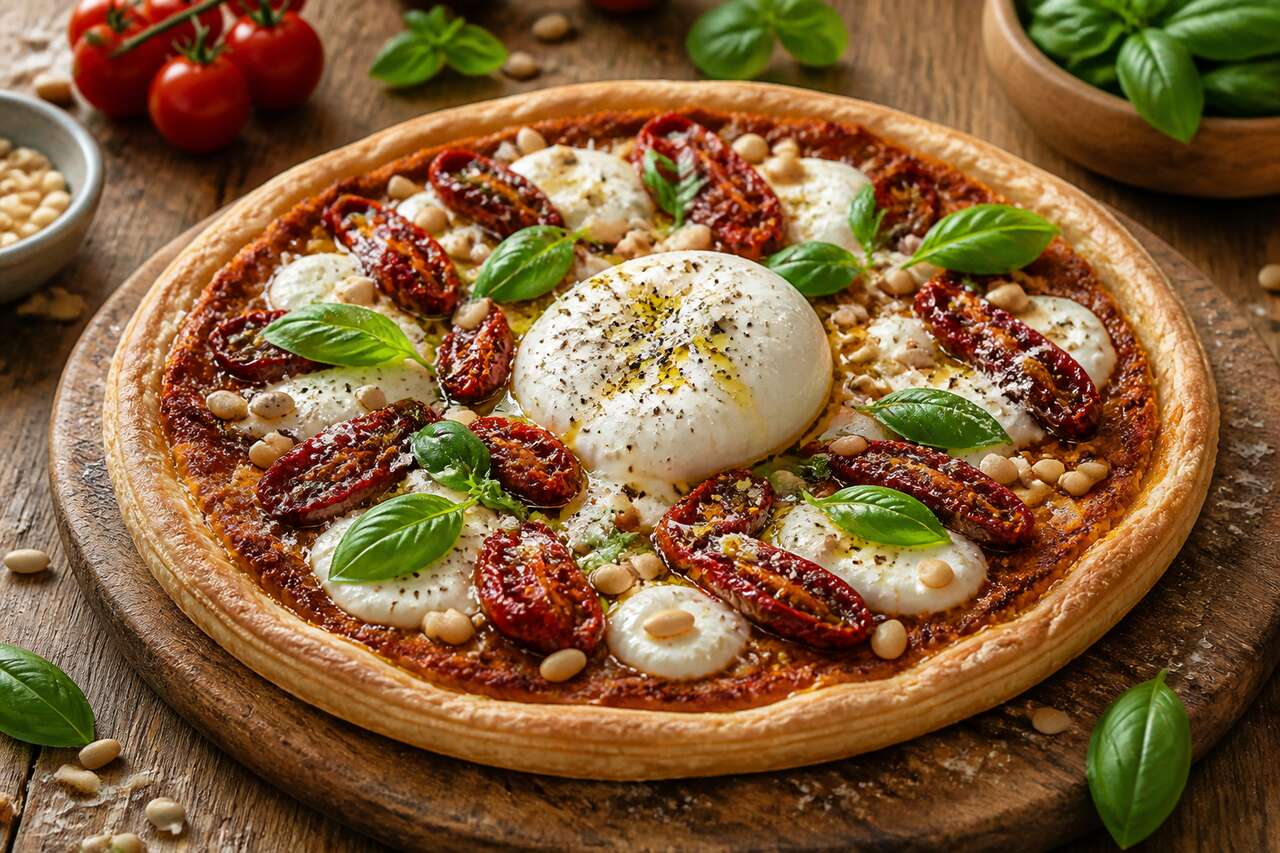 Tarte au pesto rouge, tomates séchées et Burrata : la recette savoureuse