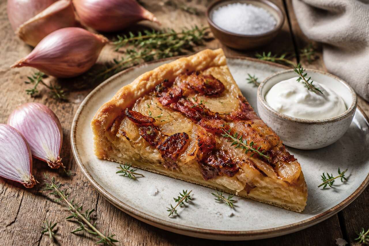Tarte aux échalotes confites et lardons : recette gourmande