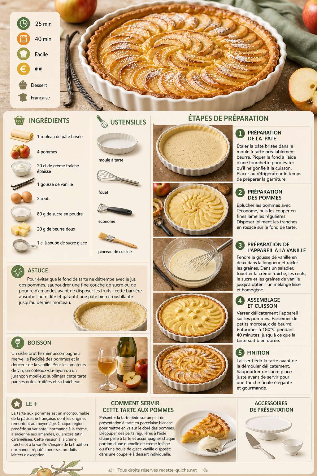 Fiche recette Tarte aux pommes, crème fraîche et vanille : recette savoureuse Fiche recette Tarte aux pommes, crème fraîche et vanille : recette savoureuse