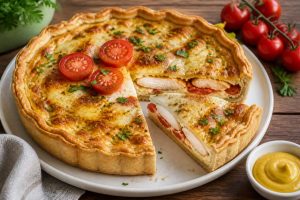 Recette de tarte au poulet, tomates, moutarde et curry