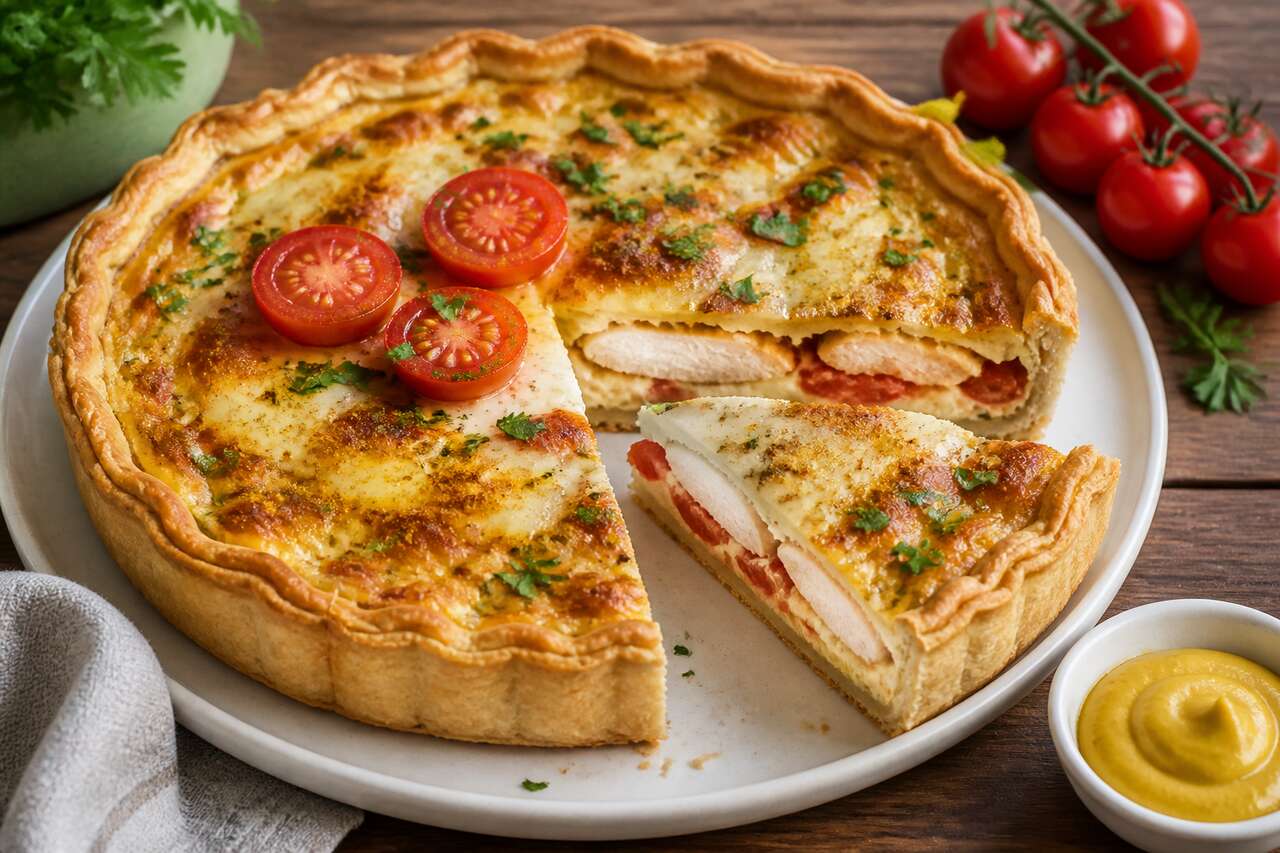 Recette de tarte au poulet, tomates, moutarde et curry