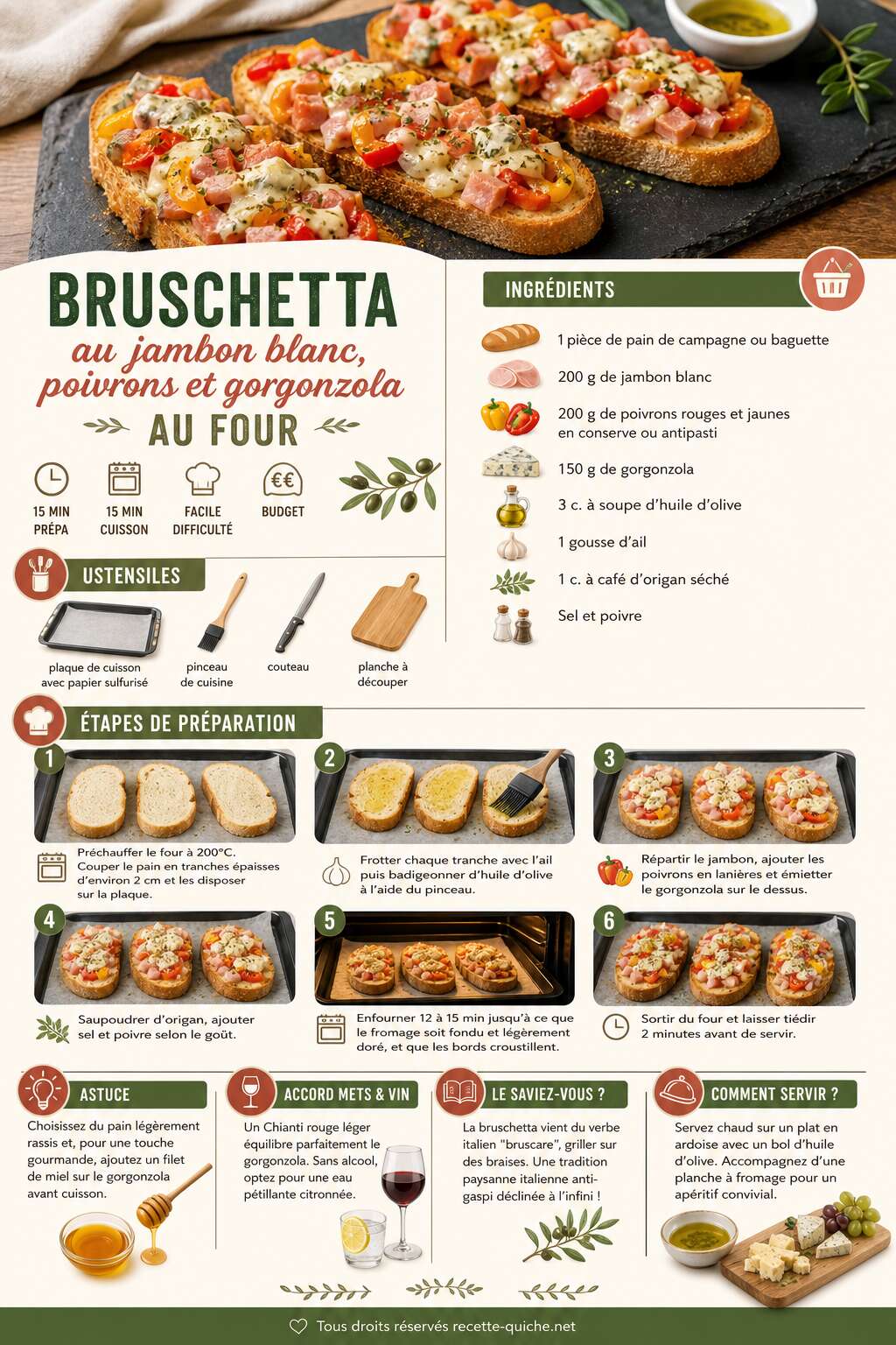 Fiche recette Bruschetta au jambon blanc, poivrons et gorgonzola au four Fiche recette Bruschetta au jambon blanc, poivrons et gorgonzola au four