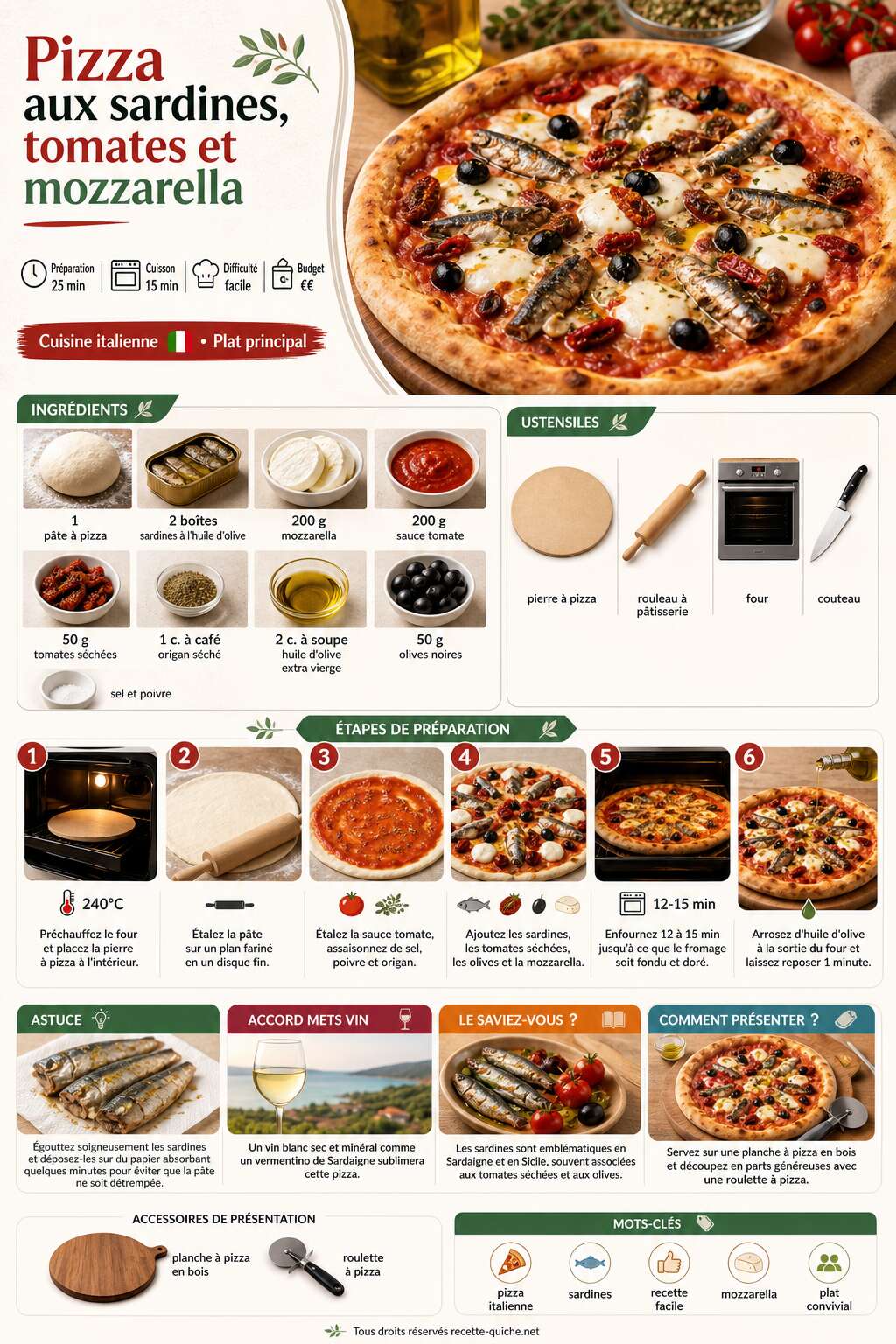 Fiche recette Pizza aux sardines, tomates et mozzarella : recette savoureuse Fiche recette Pizza aux sardines, tomates et mozzarella : recette savoureuse