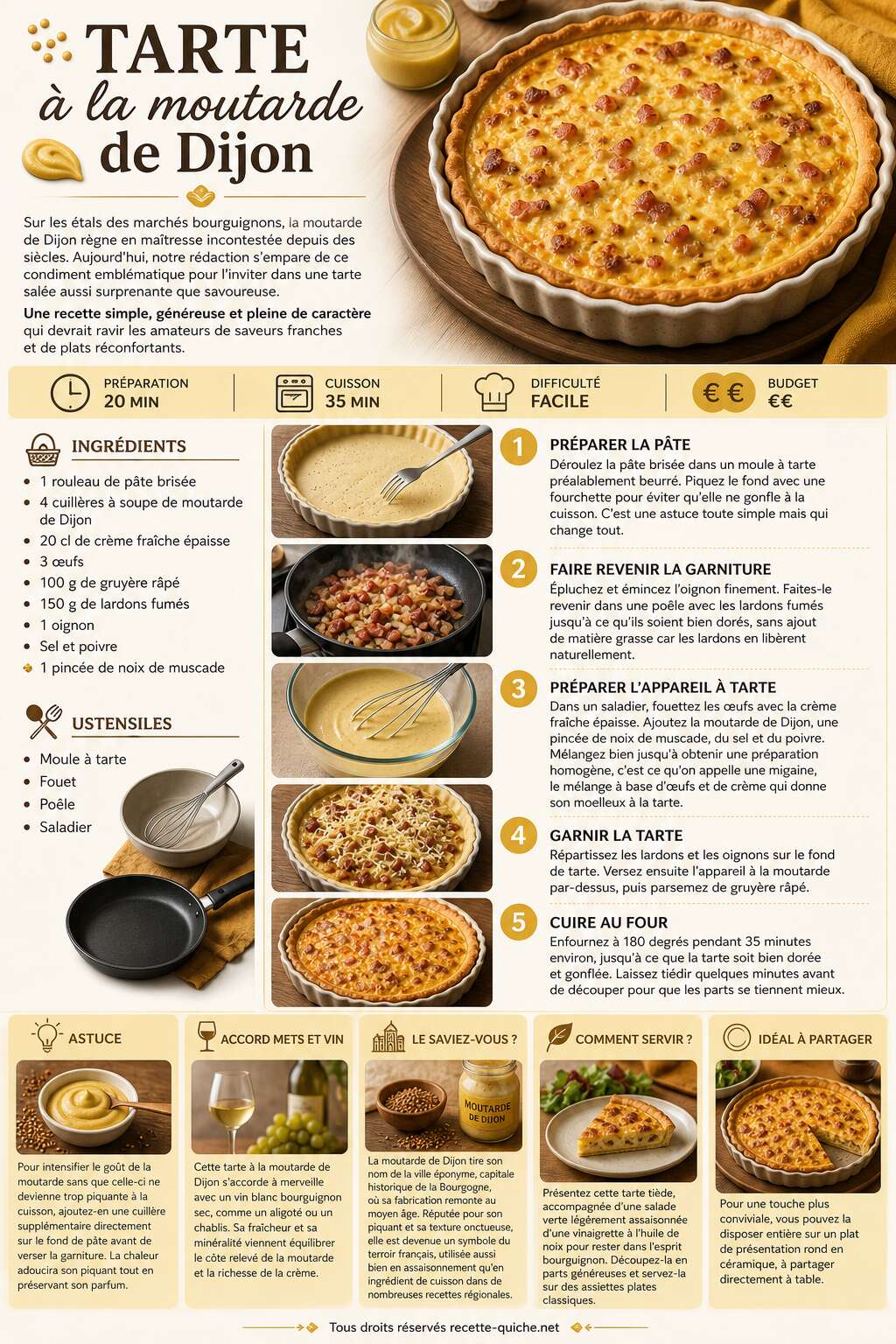 Fiche recette Recette de tarte à la moutarde de Dijon Fiche recette Recette de tarte à la moutarde de Dijon