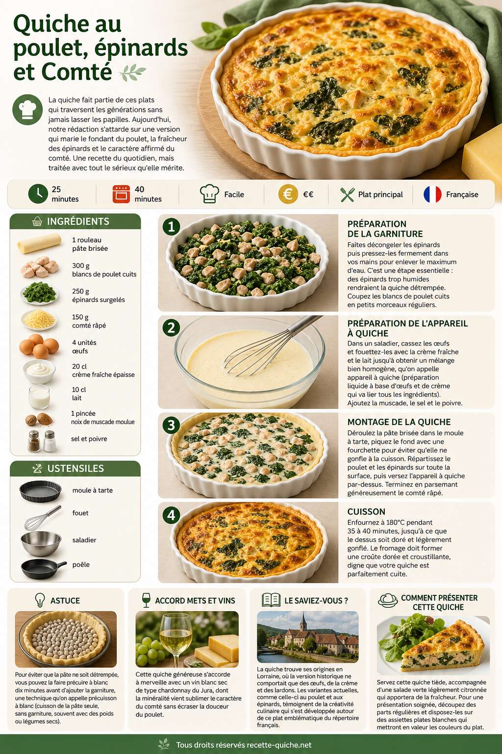 Fiche recette Recette de quiche au poulet, &eacute;pinards et Comt&eacute;