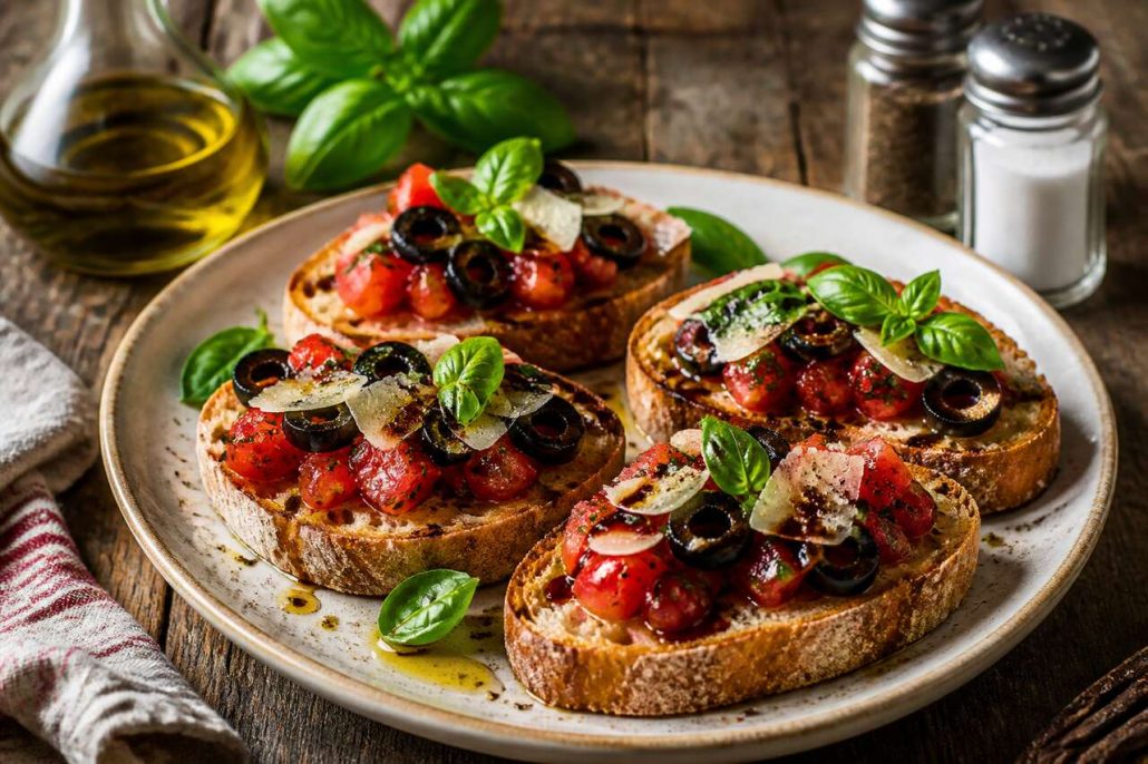 Recette de bruschettas tomates, olives et parmesan